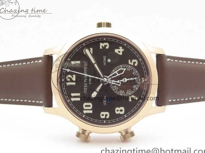 MIROTIME 0323 Calatrava 5524R Pilot Travel Time RG GRF Brown Dial on Brown Leather Strap MIYOTA TopPick 7155